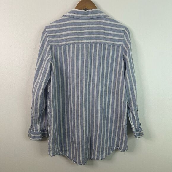 Nicole Miller 100% Linen Button Down Shirt M Blue White Stripe Roll Tab Sleeves - Picture 8 of 11
